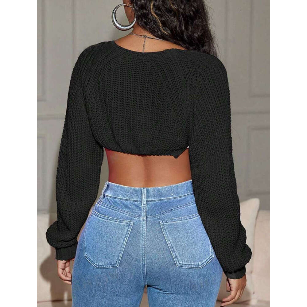 European And American Sexy Round Neck Fashionable Ribbed Style Shoulder Sleeves Short Collar Clothes For Autumn Women