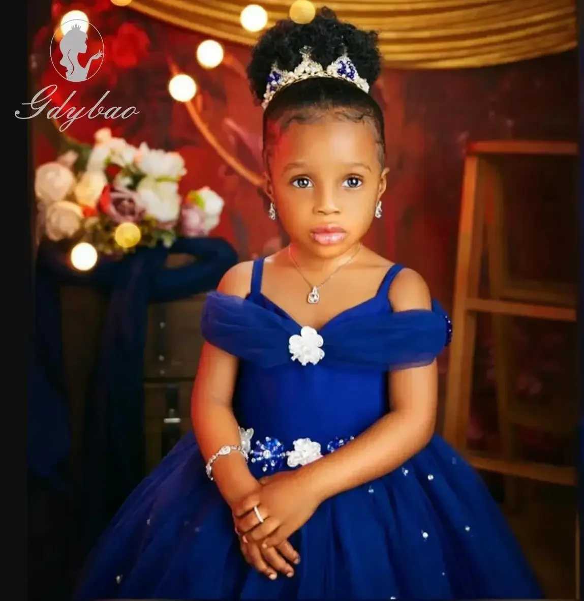 Girl's Dresses Customized Royal Blue Flower Girl Dresses for Wedding Beaded Tulle Off The Shoulder Toddler Girls Pageant Dress Kids Formal Wear H