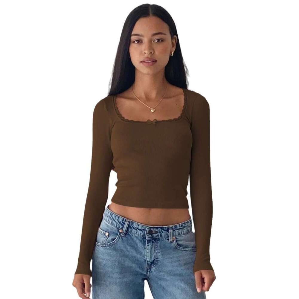 New Long Sleeved T-Shirt For Women's Fashion Trend, Slimming And Slimming, Lace Patchwork Spicy Girl Top, U-Neck Base Shirt, Fashionable Quality,