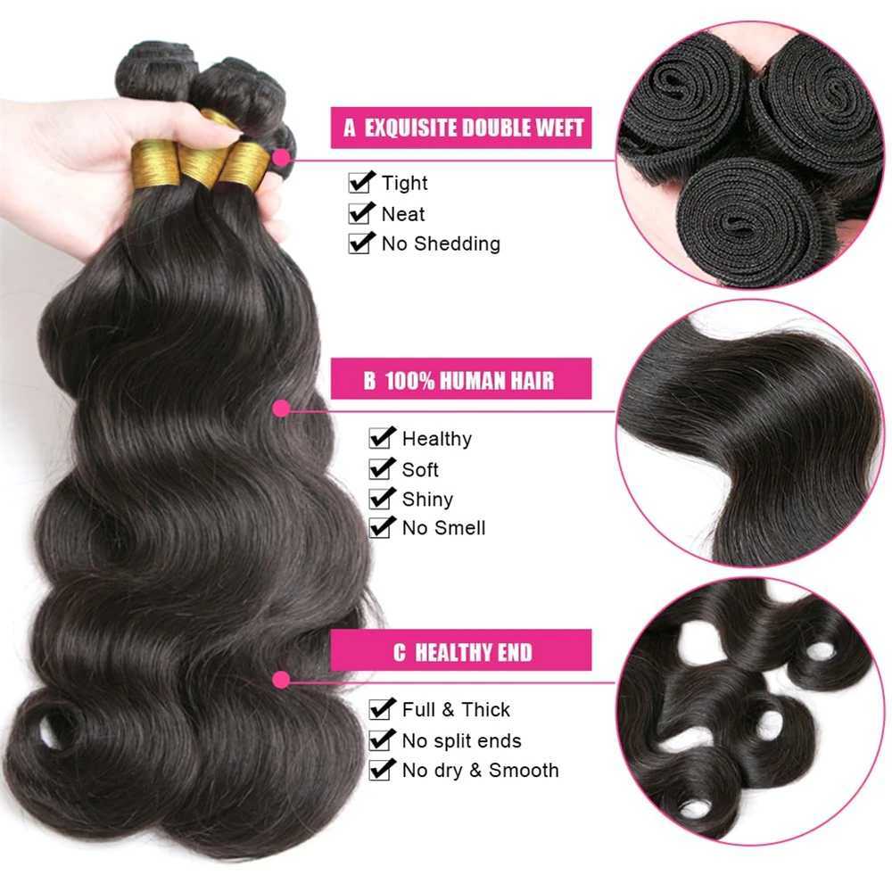 28 30 Inch Body Wave Bundles With Lace Frontal Brazilian Double Drawn 100% Raw Human Hair Bundles with Clo Frontal 13x4 LaceXJ250120