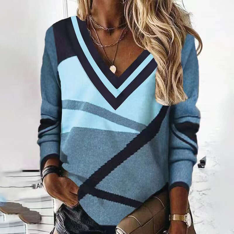 European and American women's V-neck contrasting geometric print loose long sleeved sweater 2024 temperament versatile new trend clothing ins