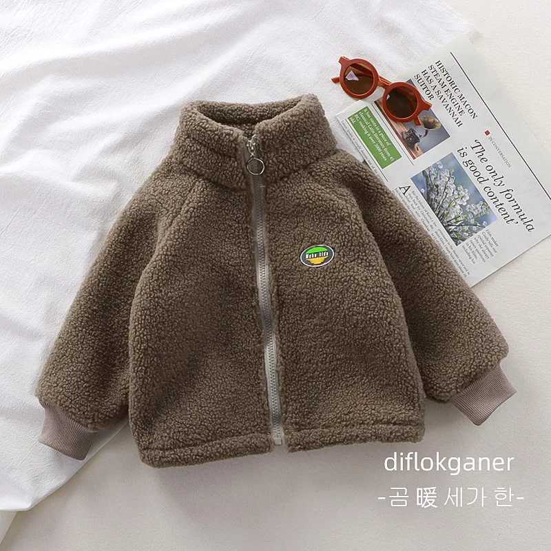 Autumn and Winter Childrens Coat Long-Sleeved Thickened Warm Lambswool Boys and Girls Solid Simple Casual Coral Fleece JacketXJ241214