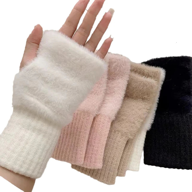 Mink wool soft winter half finger gloves warm plush knitted fingerless 241212