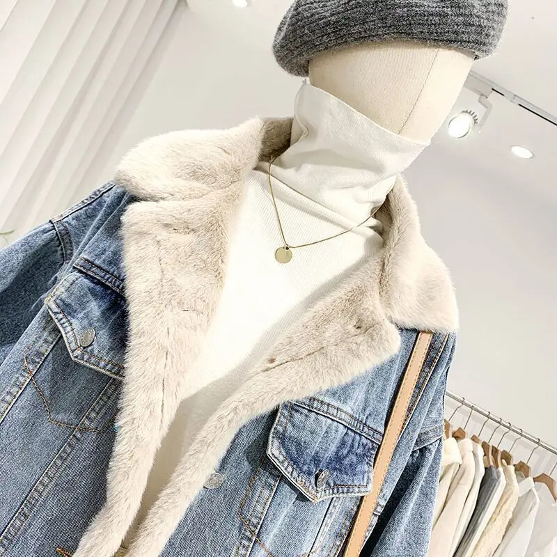Autumn and winter pure cotton retro style doublesided wearable large fur collar womens denim jacket loose soft 241211