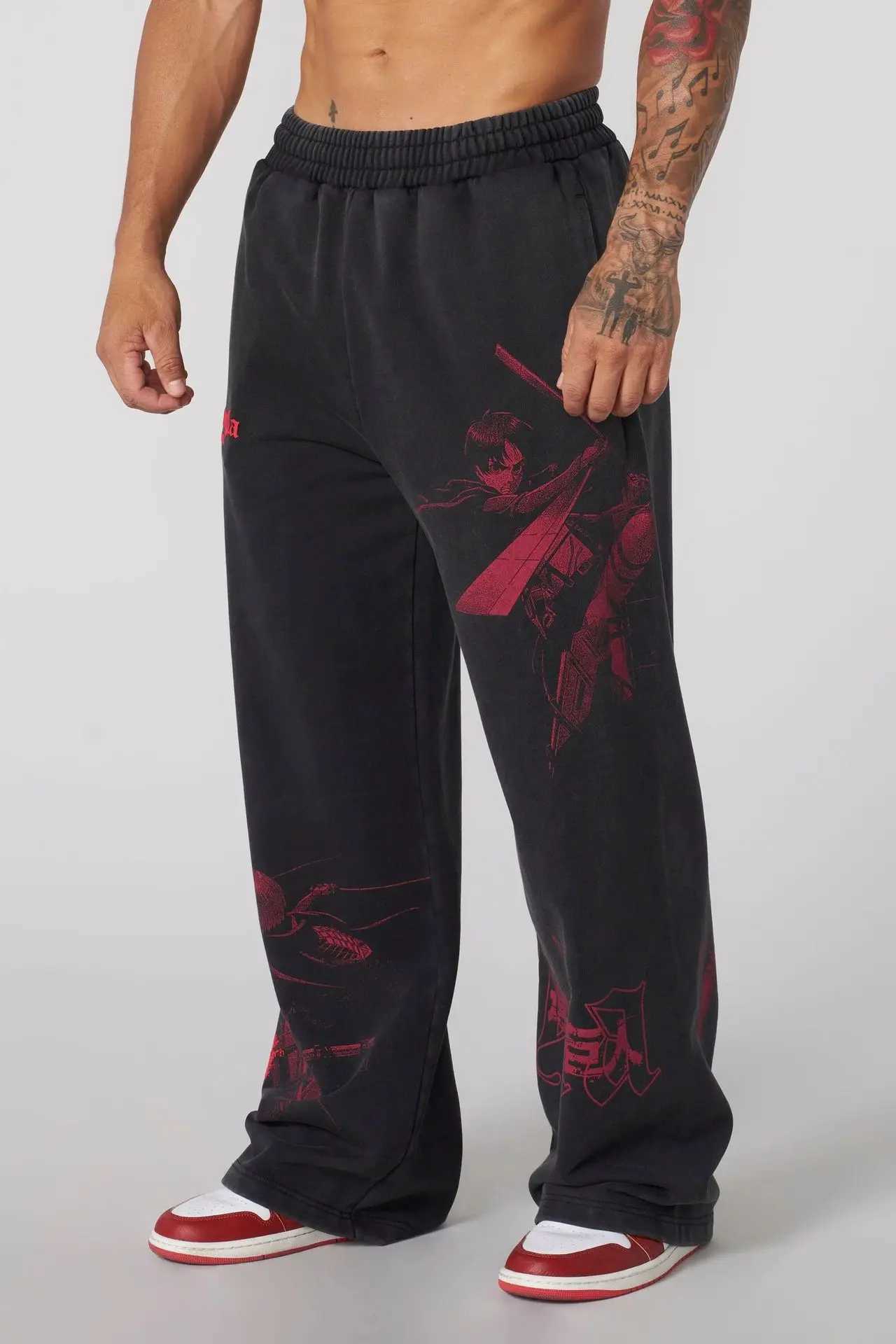 Young American trendy sweatpants collaboration anime joggers cotton terry print wide-leg casual pants hip-hop street pants X2503195