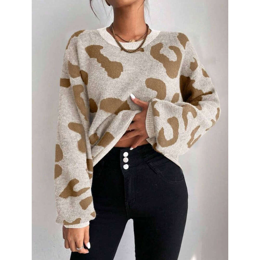 Classic Leopard Print Sweater For Autumn Winter In European And American Foreign Trade, Women's Fashion Temperament Pullover Round Neck Knitted T