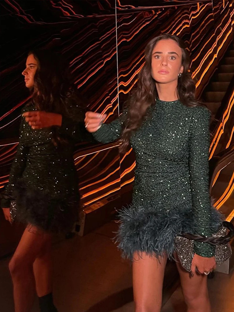 Sequin Mini Dress Women Elegant Long Sleeves Patchwork Feather Christmas Dresses Female Fashion Party Evening High Waist Robe 241214