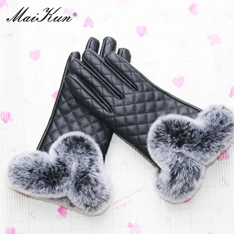Maikun leather gloves PU autumn and winter style womens oversized Rex rabbit fur UK diamond grid thickened 241212