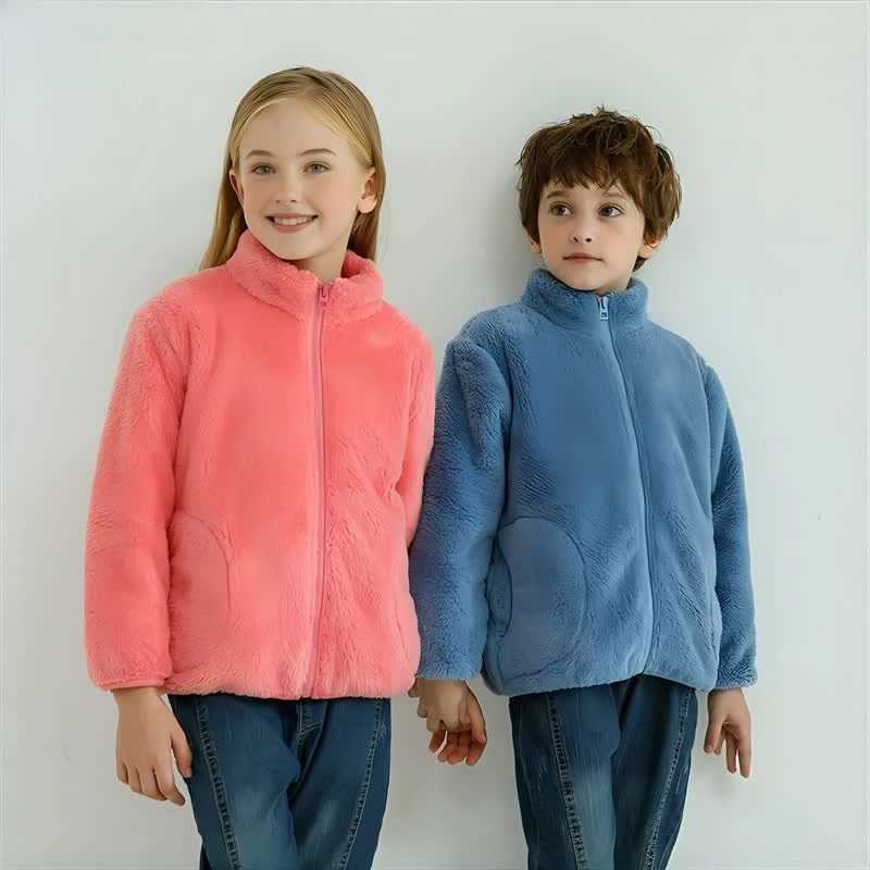 Children Plush Jacket Autumn Winter Fleece Thick Warm Outerwear Solid Casual Soft School Teen Boys Girls Coats 10 12 13 14 15 YXJ241214