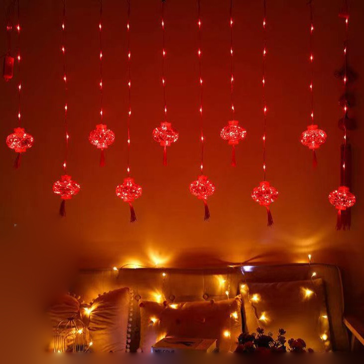 Festive Red LED Lantern-Shaped Curtain Lights for Family Celebrations