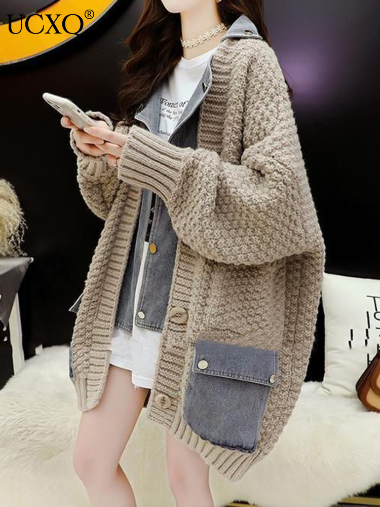 UCXQ Patchwork Denim Jacket Fashion Single Breasted Sweater Cardigan Long Sleeve Big Size Knit Coats Winter Autumn Tide 206