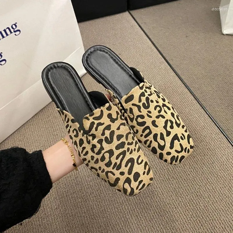 Slippers Leopard Women Mules Shoes Flats Suede Summer 2024 Square Toe Designer Outdoor Sandals atos Mujer Slides