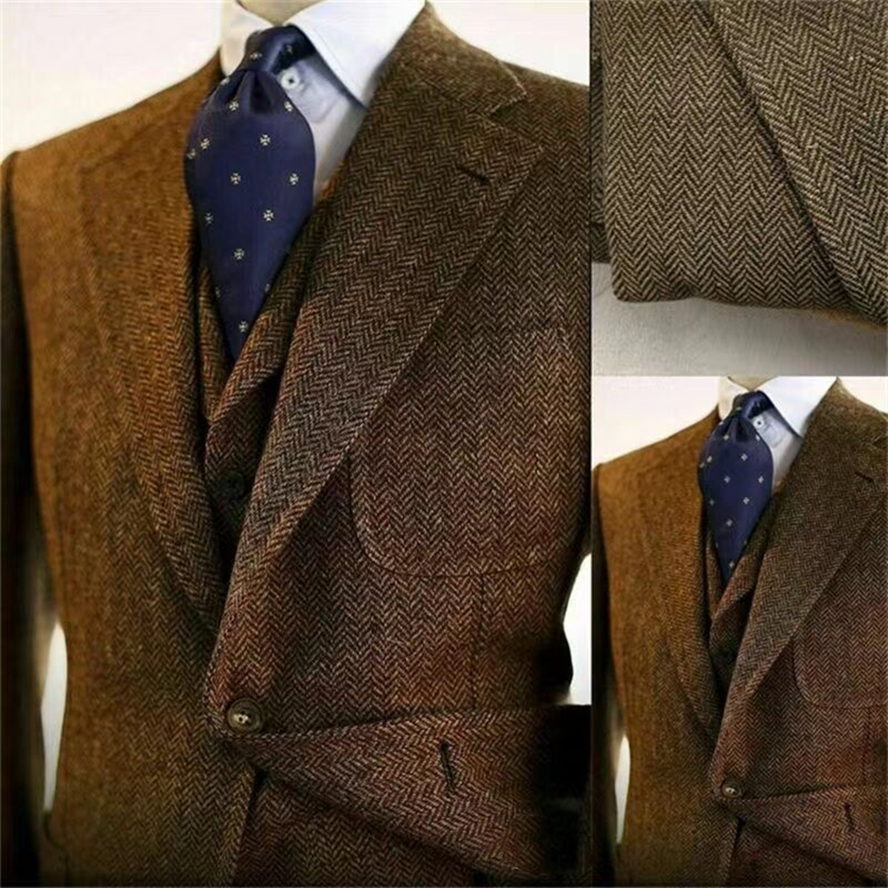 Gray Wool Tweed Winter Suit For Men Herringbone Slim Fit Formal Groom Tuxedo 3 Piece Wedding Male Suits