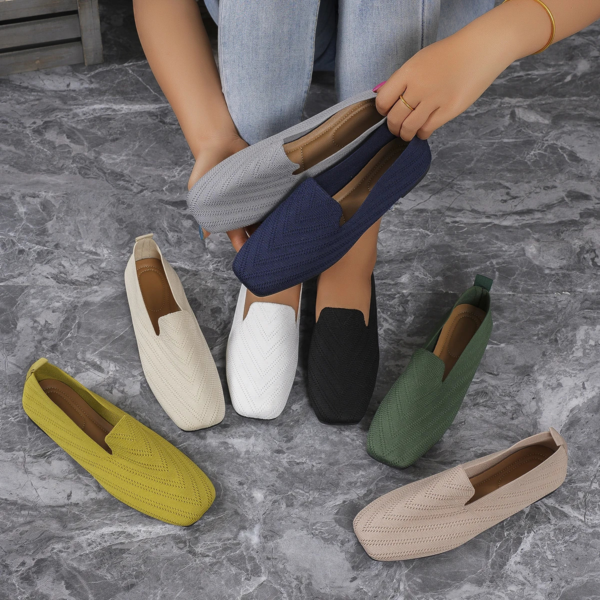 Women Flats Shoes Pointed Toe Solid Knitted Slip on Loafers Spring Casual Breathable Ballet Sneakers Mesh Breathable Flats Shoes 241213