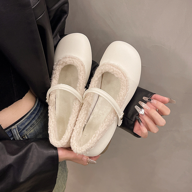 Wholesale low sole velvet Mary Jane shoes, thickened seasonal shoes, square toe single shoes, hairy autumn and winter women's Velcro for warmth