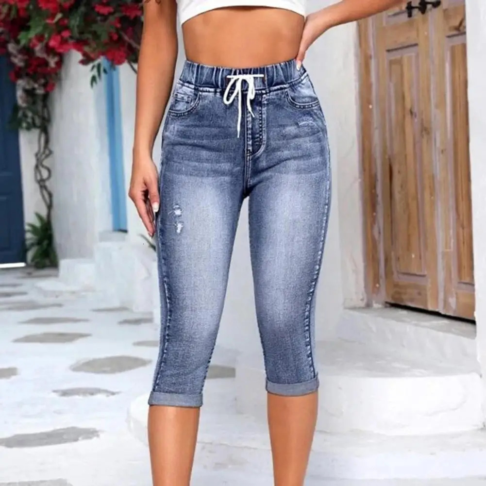 2024 High Waist Jean Leggings Vintage Elastic Drawstring Pockets Denim Pants Calf Length Jeans Slim Fit s 241212