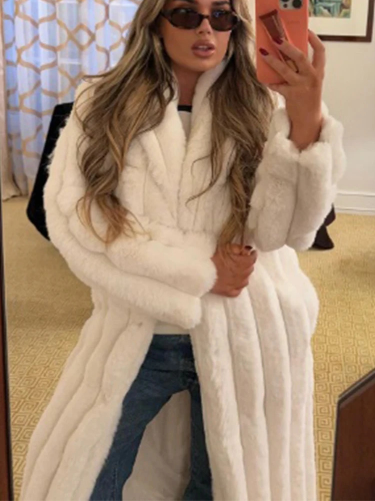 Womens Casual White Collar Faux Fur Coat Womens Elegant Thick Warm Long Sleeve Angry Long Open Fashion Coat 241210