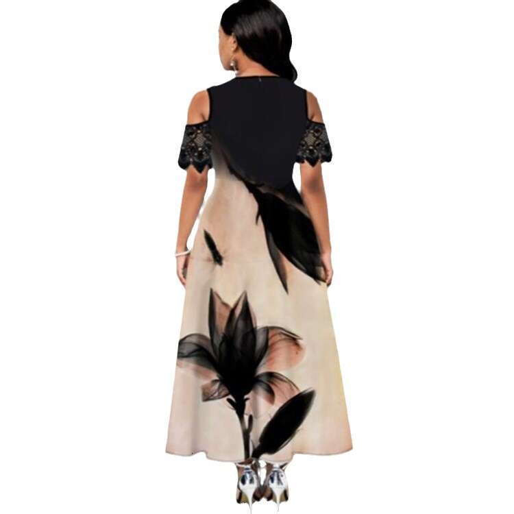 European and American women's print lace sleeve splicing long dress for women 2024 new casual versatile fashion clothing