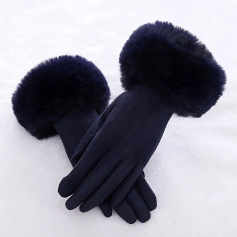 Fashion womens winter warm suede leather touch screen gloves artificial rabies fur embroidered with velvet thick driving H92 241212