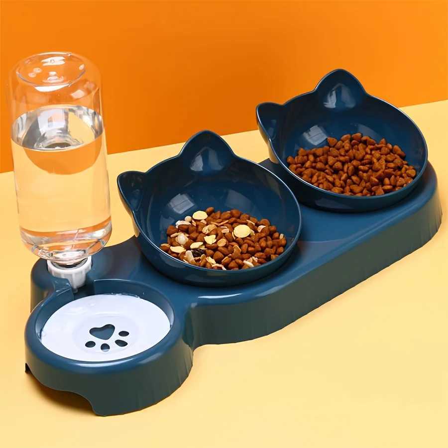 Cat Feeders Pet Bowls With Water Feeder 3 In 1 Ear Design Tilted Cat Water And Food Bowl Set With Gravity Water Bottle For Neck Protection z241213