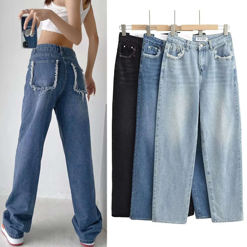Spicy Girl INS Personalized Matte Pocket High Waist Wide Pants for Women, Loose and Slim Straight Leg Cowboy Pants, 2024 Versatile New Trendy Clothing