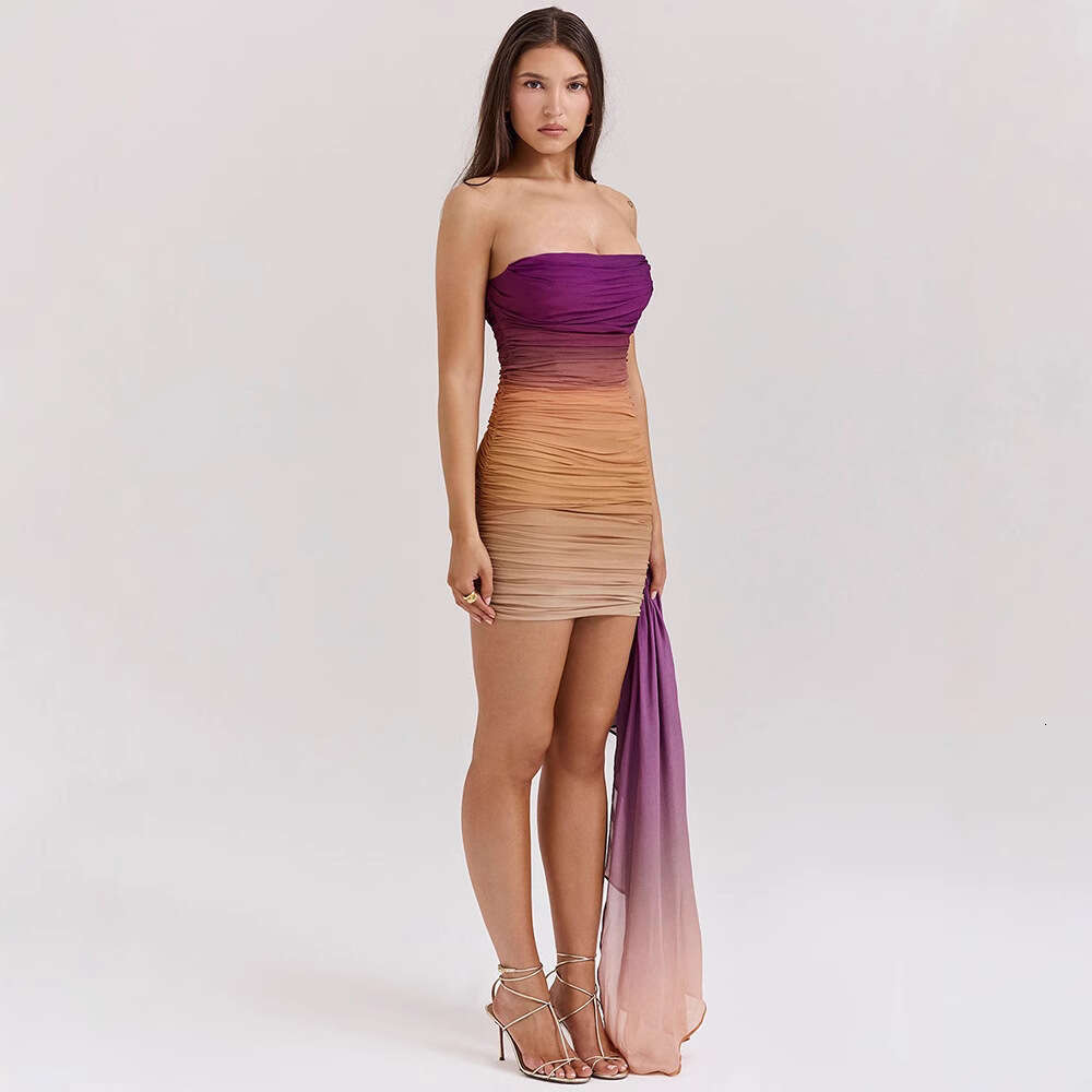 Spring European And American Gradient Mesh Pleated Tight Fitting Short Skirt, Summer Feeg Strapless Dress, Women's Fashion Quality Classic B4