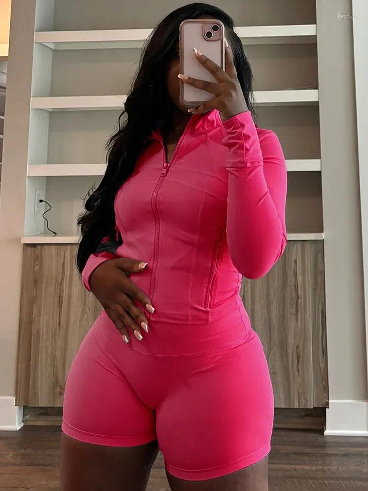 Women's Tracksuits Solid Casual Tracksuit Women 2 Piece Set Outfit Sportwear Fitness Zipper Jacket Top And Short Sets Womens Matching
