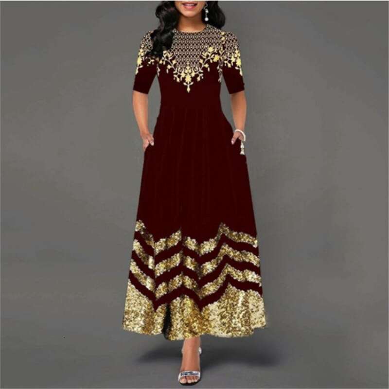 European and American mid sleeve printed African long skirt round neck elegant retro women 2024 new casual versatile fashion clothing