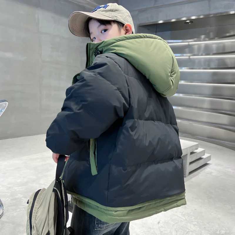 Boys Fashion Down Coats Kids Winter Thickened Hooded Jackets Kids Warm Casual Parkas New Cotton Clothes Teenager Overcoat 5-14YXJ241214