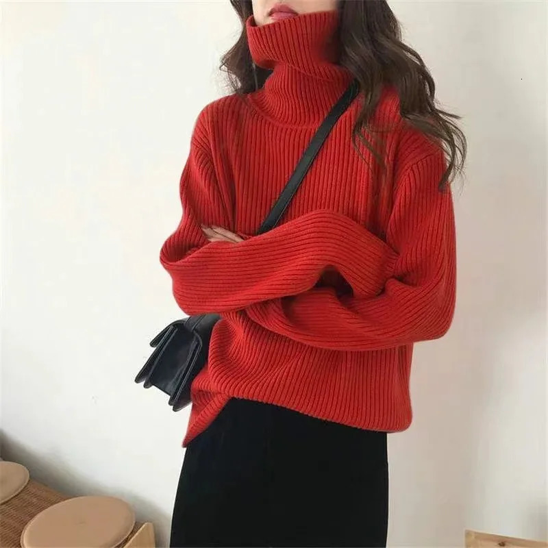 Autumn and winter high neck slow style solid color sweater Lax long sleeved striped womens latte 241211