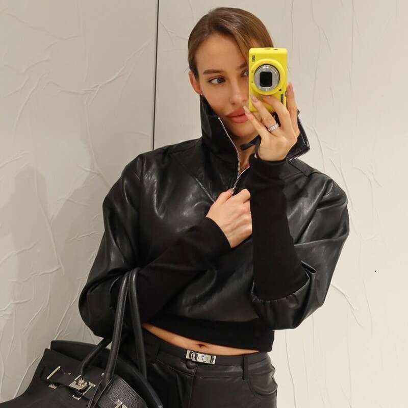 Autumn Winter New European And American Sexy Spicy Girl Style Top Fashionable PU Stand Up Collar Slim Fit Leather Jacket B4