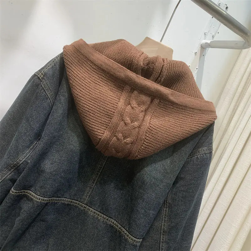 Retro womens winter warm wool lined denim jacket casual streetwear knitted hooded boyfriend style loose fitting coat 241211