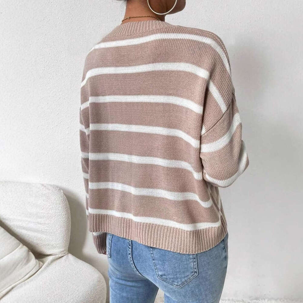 European And American Round Neck Pullover, Long Sleeved Knitted Sweater, Striped Casual Autumn Clothes, Women's Fashion Quality, Classic