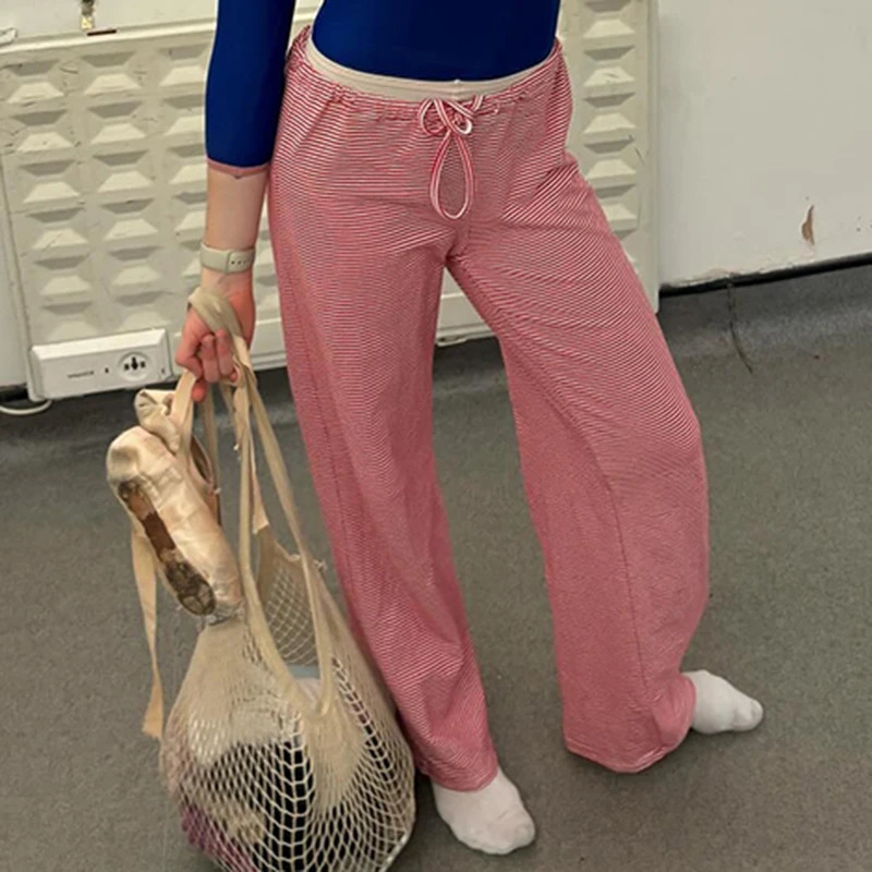 Cuteandpsycho Casual Striped Print Loose Pants Streetwear Laceup Basic 90s Trousers Aesthetic Y2K Harajuku Bottoms 241212