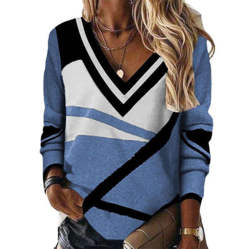 European and American women's V-neck contrasting geometric print loose long sleeved sweater 2024 temperament versatile new trend clothing ins