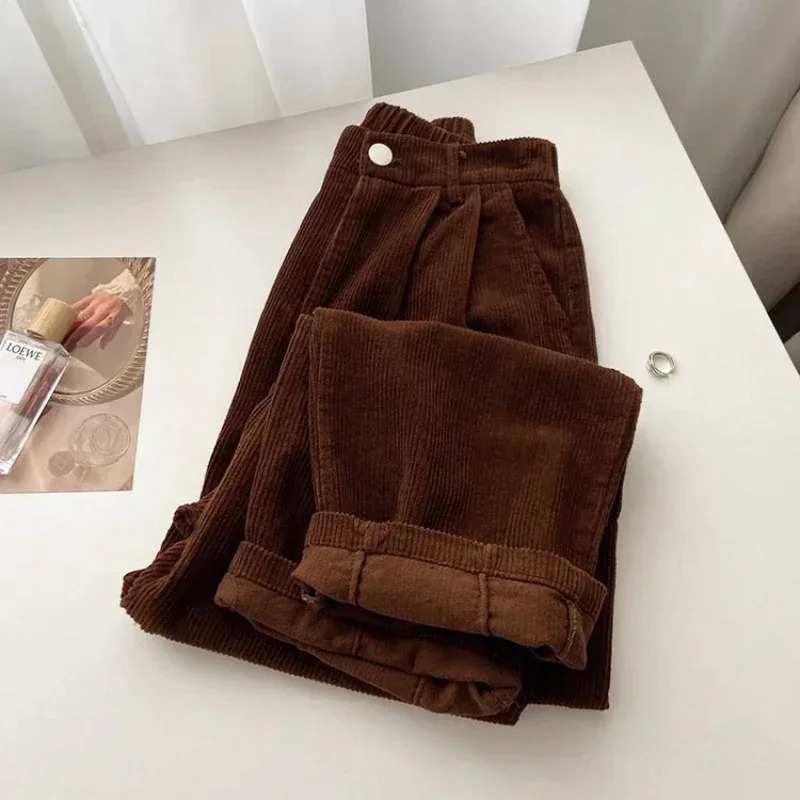 Retro High Waist Corduroy Pant Spring Fall Straight Causal Full Length Trousers Korean Fashion Baggy All Match Black Pants 241212