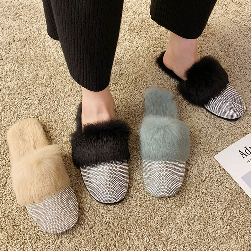 Slippers Ladies House 2023 Rhie Fur Crystal Winter Home Female Outdoor Mules Flats Shoes Slides For Women