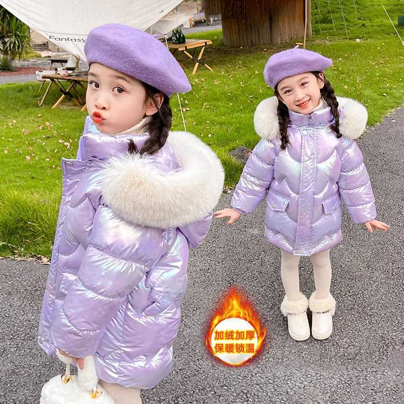 New Girls Shiny Jackets Winter Kids Warm Coats Children Snowsuit Thick Hooded Outerwear Teenage Cotton Clothes Parkas 3-10 YearsXJ241214