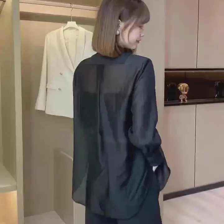 Summer Hollow Sunscreen Chiffon Shirt Jacket Wide Leg Pants Two Piece Set Elegant Womens Office 241212