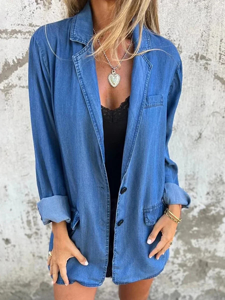 Womens oversized denim jacket retro long sleeved button down boyfriends autumn 241211