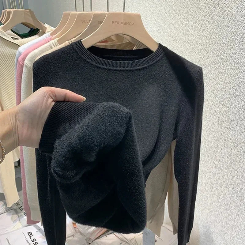 Womens Oneck velvet thick sweater ultrathin in winter warm long sleeved knitted top casual plush lining soft floral womens 241211
