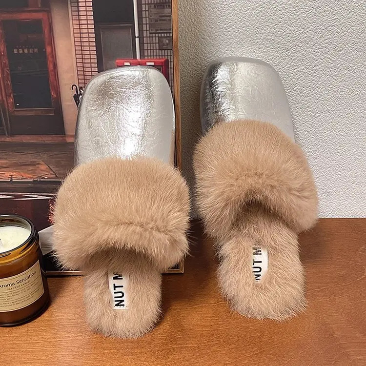 Fur mule shoes womens slippers warm home apartment cotton shoes 2024 winter trend fashionable flip cover casual plush Zapatos women 241213