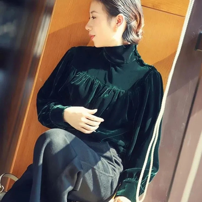 Elegant Turtleneck Blouses for Women Autumn Velvet Stylish Mature Ladies Vintage Folds All-match Long Sleeve Daily Leisure Basic 241213