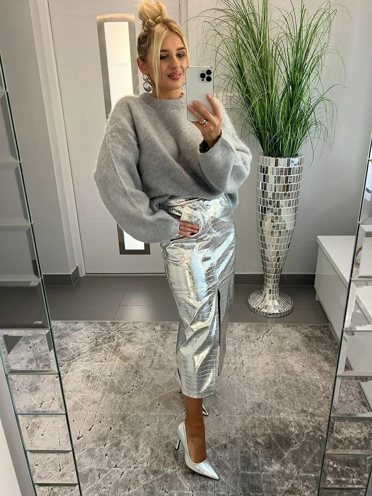 Casual Oneck long sleeved knitted floral womens fashionable gray Moher thick loose sweater 2024 commuting high street autumn top 241211