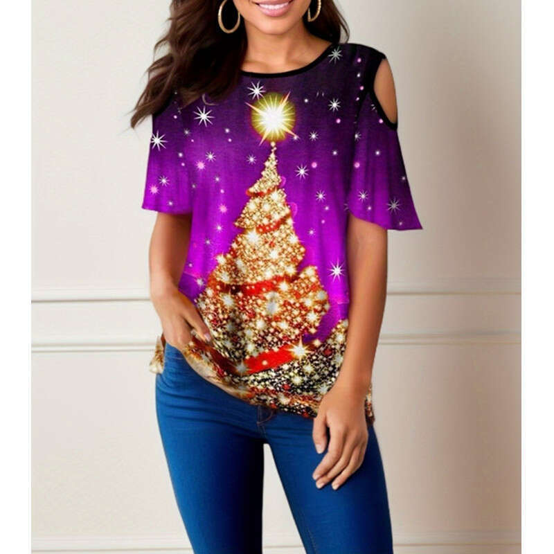 Summer Hot Selg Popular Christmas Tree Printed Round Neck Loose Short sleeved T-shirt 2024 Versatile New Trendy Clothing Ins