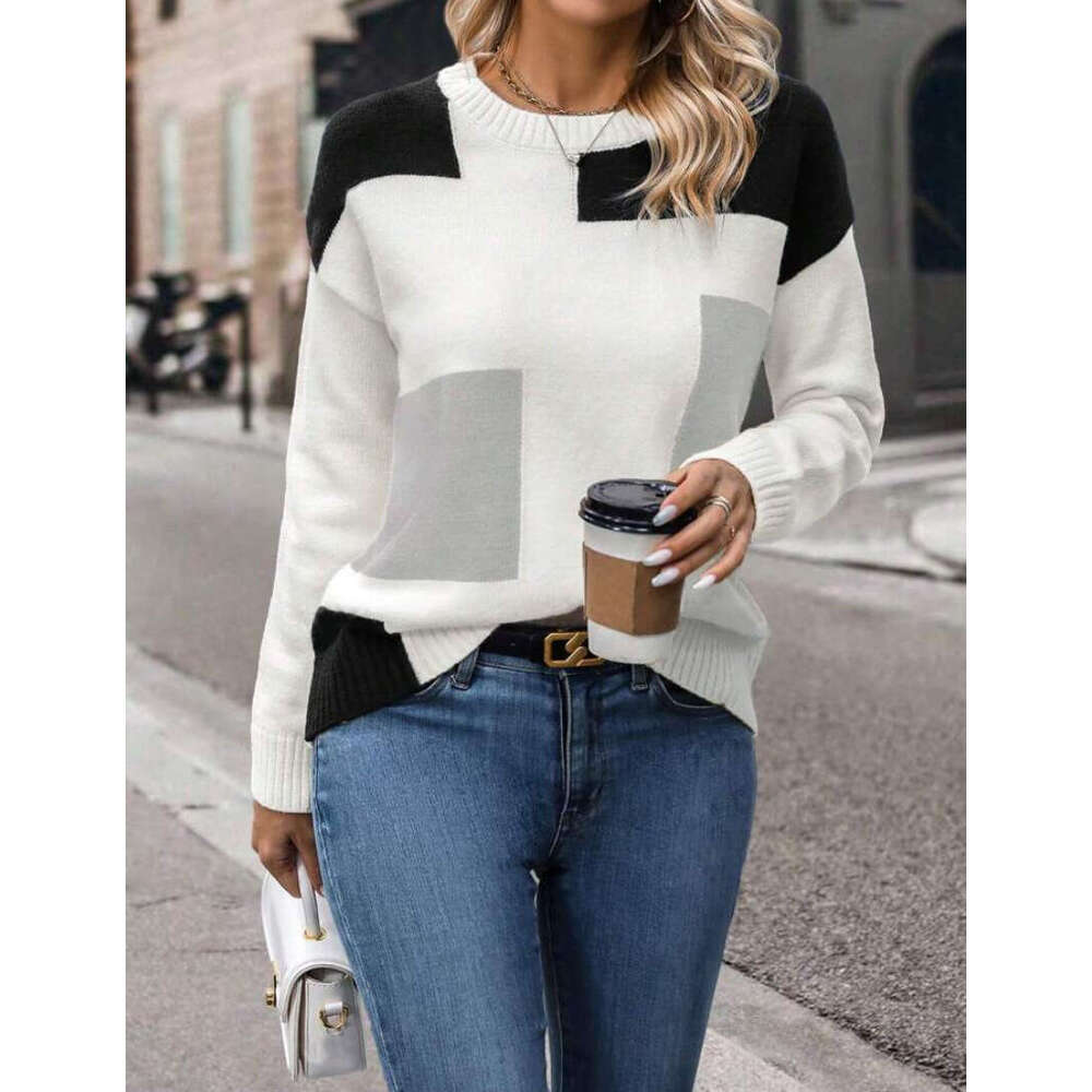 Autumn Clothing For Women In European And American Foreign Trade, Color Blocked Knitted Sweaters, Round Neck Pullover Tops, Fashionable Quality, Class