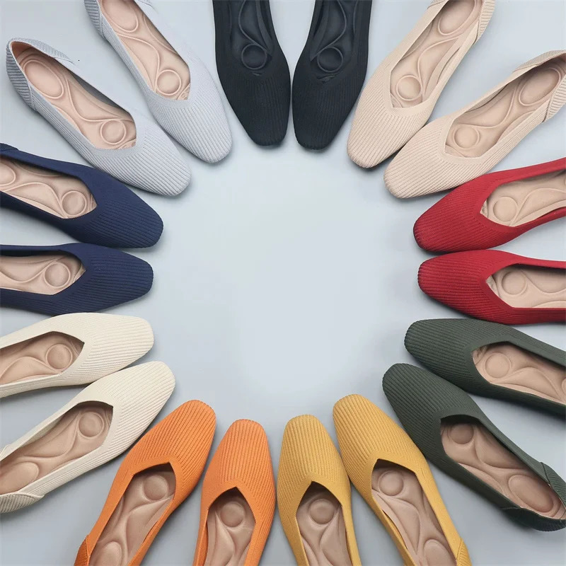 Womens shoes square toe knitted flat shoes 2024 spring fashionable and beautiful rubber sole anti slip shallow casual walking shoes 241213