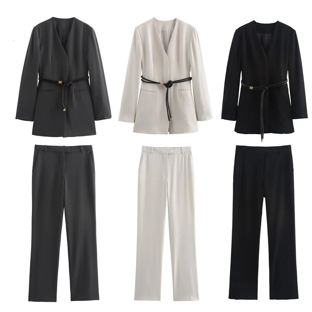 Traf Autumn Womens Fashion Warm Slim Vneck Set with Belt Jacket High Waist Straight Leg Casual Pants 241212