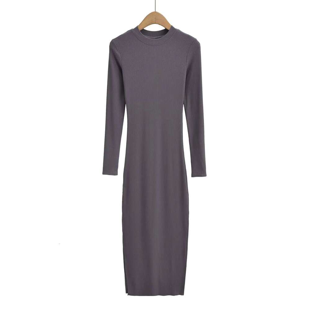 spicy girl small round neck elastic slim fit two side slit hip h skirt women's long sleeved tight bottom dress autumn 2024 new casual versatile f