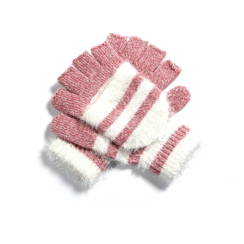 COKK Womens Fingerless Gloves Cute Artificial Rabbit Fur Striped Knitted Winter Warm Hand 241212